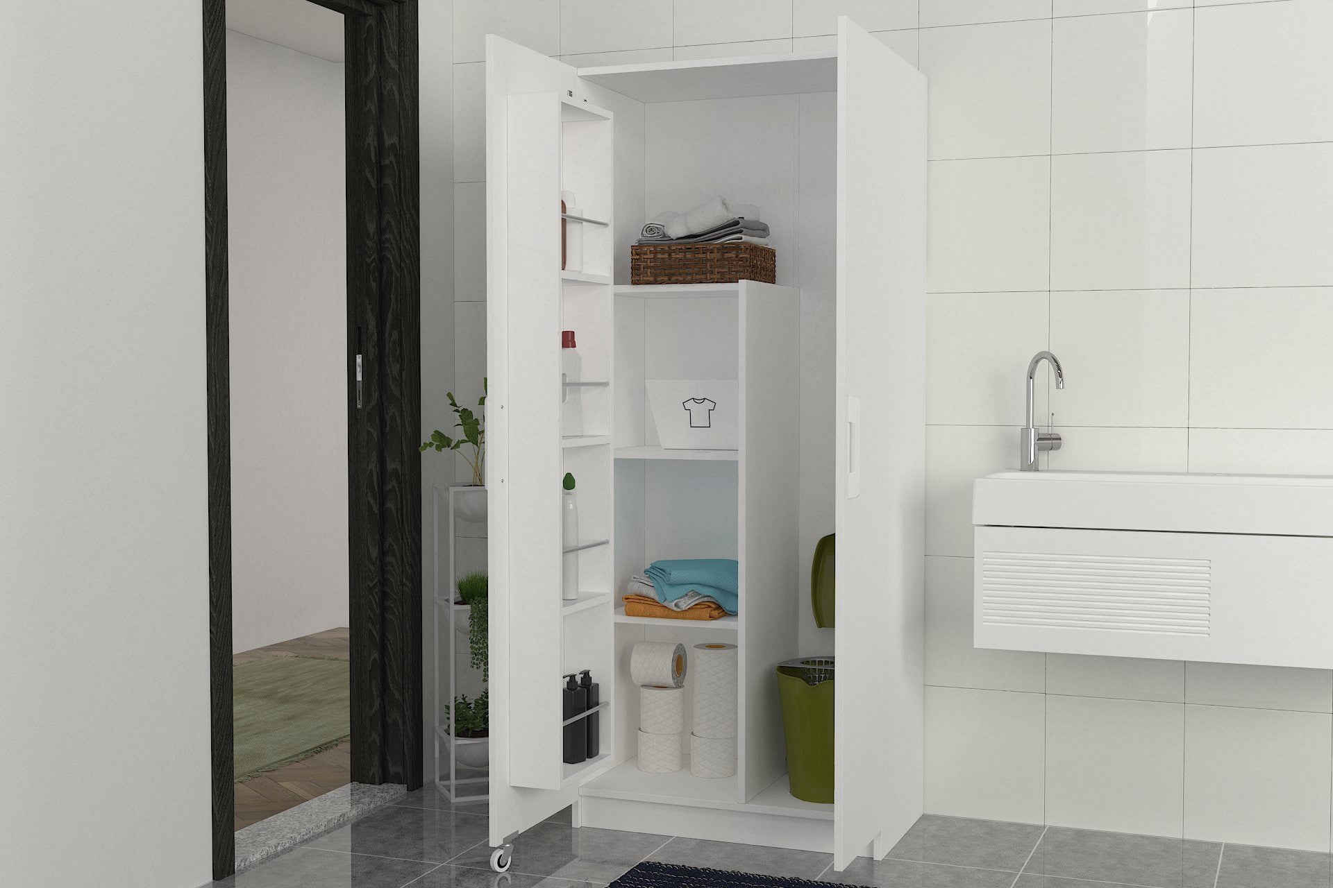 Mobile alto multiuso h 180 cm con cesto porta biancheria 2 cassetti e 2  ante bianco lucido