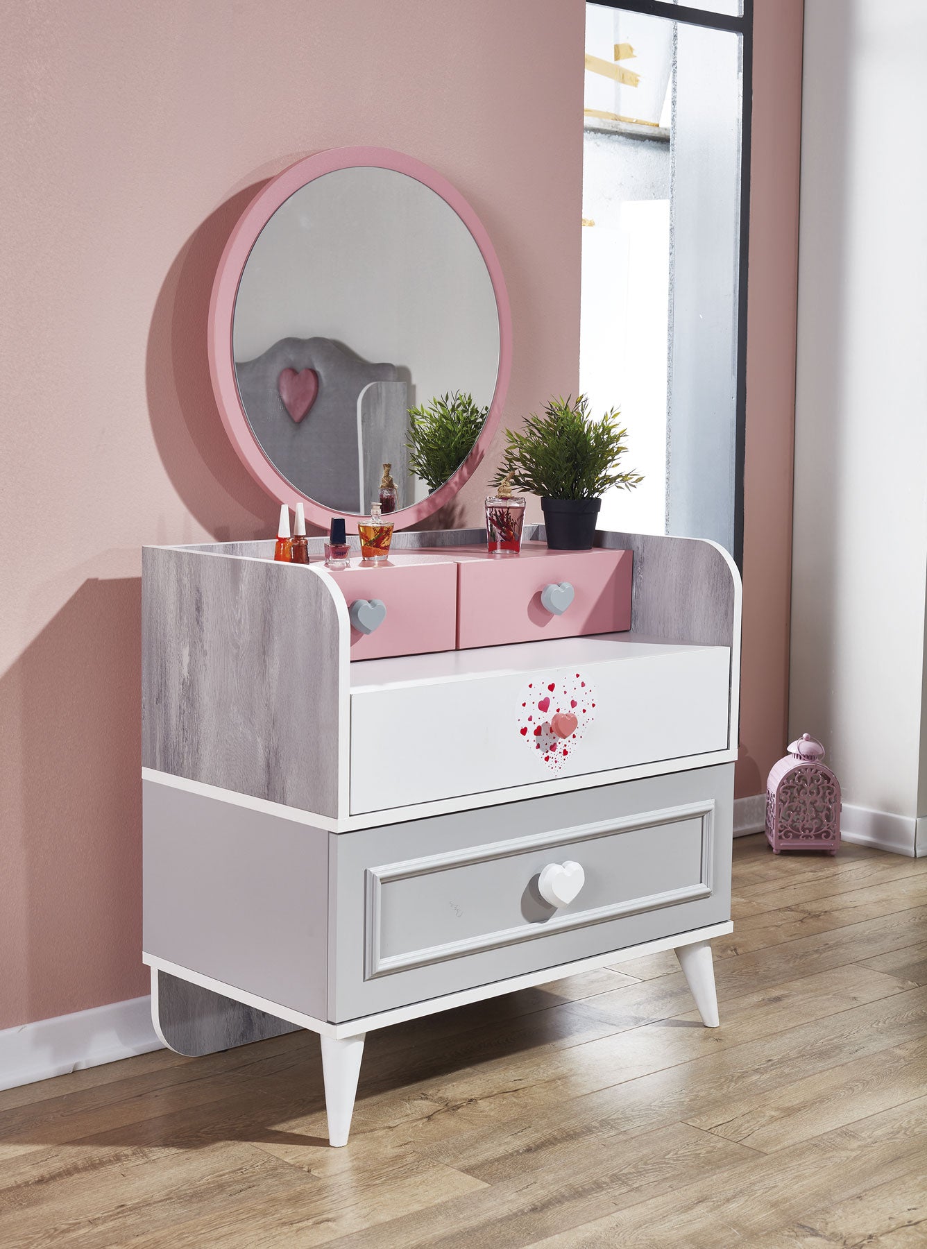 Cassettiera cameretta bambina rosa e grigio con cuori e specchio – Colly  Shop