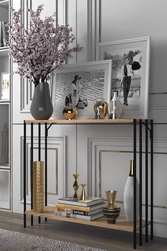Landia Home Consolle Design Industriale In Legno Rovere E Metallo Grigio – Tavolo Stretto 121x41x76 Cm - 3