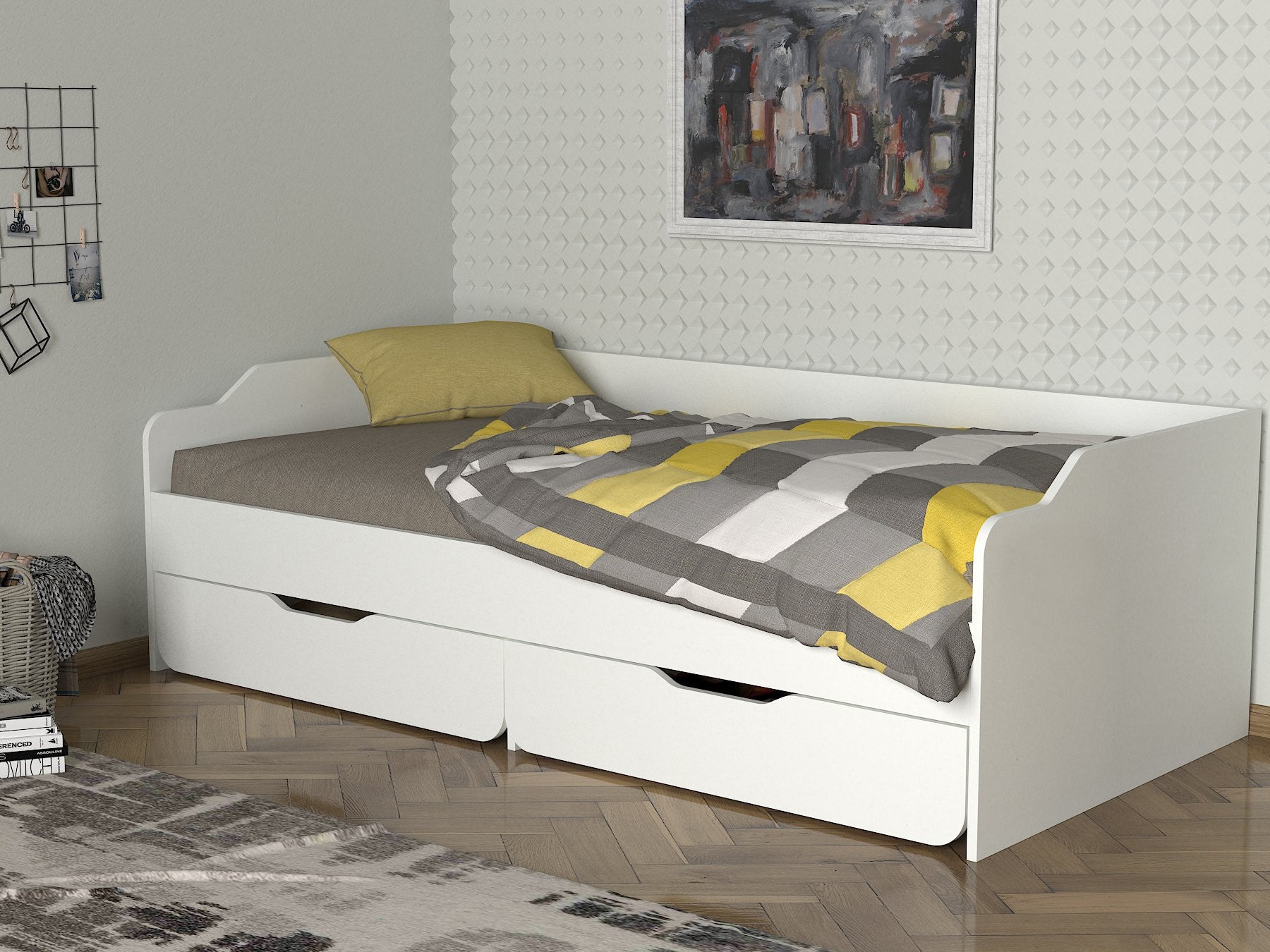 Letto singolo con 2 cassetti estraibili in legno bianco – Colly Shop