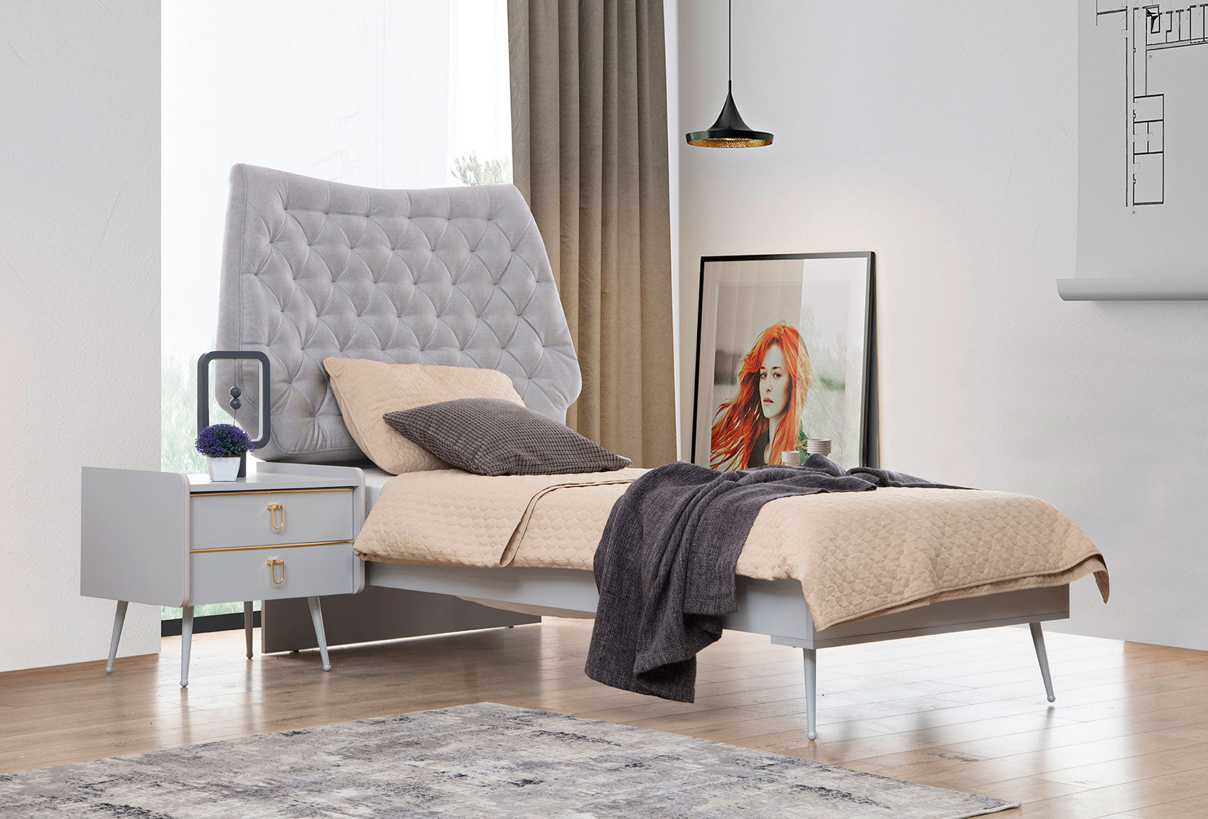 Letto in legno singolo con contenitore e doghe moderno testiera imbottita –  Colly Shop