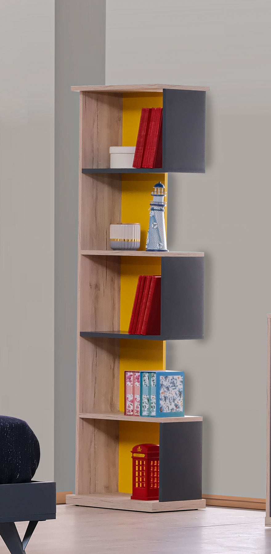 Libreria verticale colonna con 5 ripiani in legno giallo antracite