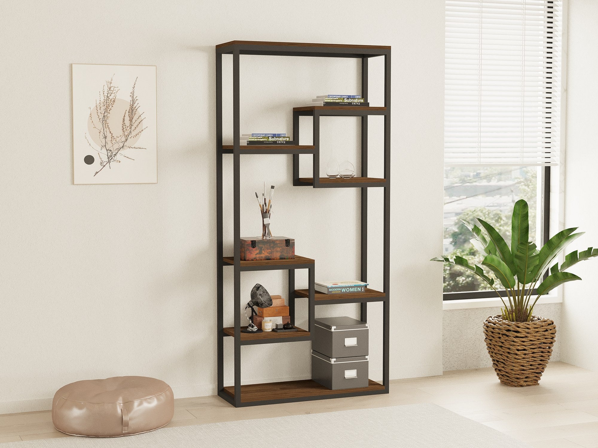 Libreria a Parete a 4 Livelli, Mensole Industriali con Struttura in Metallo, Libreria a Scaletta in Legno da Parete per Soggiorno, Cucina, Bar | Leroy Merlin