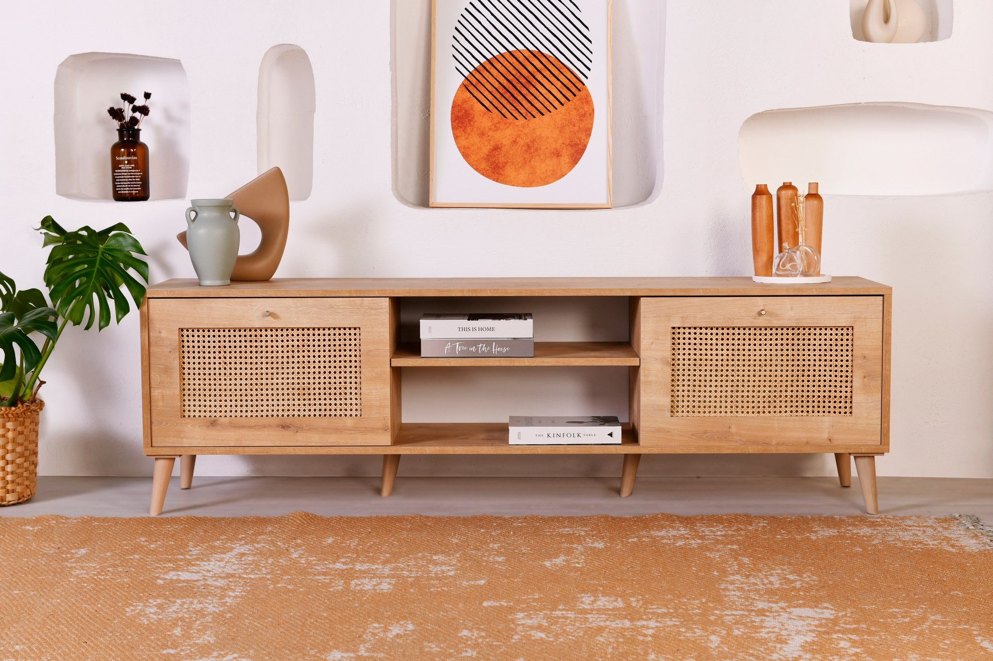 Mobile TV Calicosy Plock, L150 X P40 X A49 Cm, 2 Ante E 2 Nicchie, Finitura Rovere, Piedini In Metallo