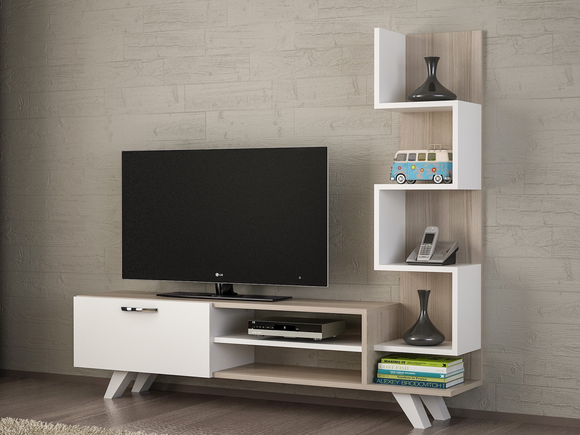 Mobile tv moderno con libreria laterale colore rovere e bianco – Colly Shop