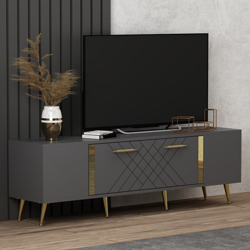 Porta tv moderno elegante con anta colore antracite e dettagli oro cm 150x35x48h