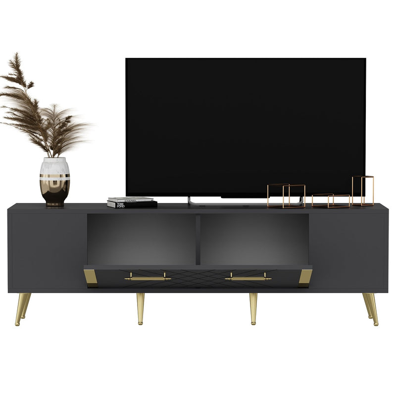 Porta tv moderno elegante con anta colore antracite e dettagli oro cm 150x35x48h