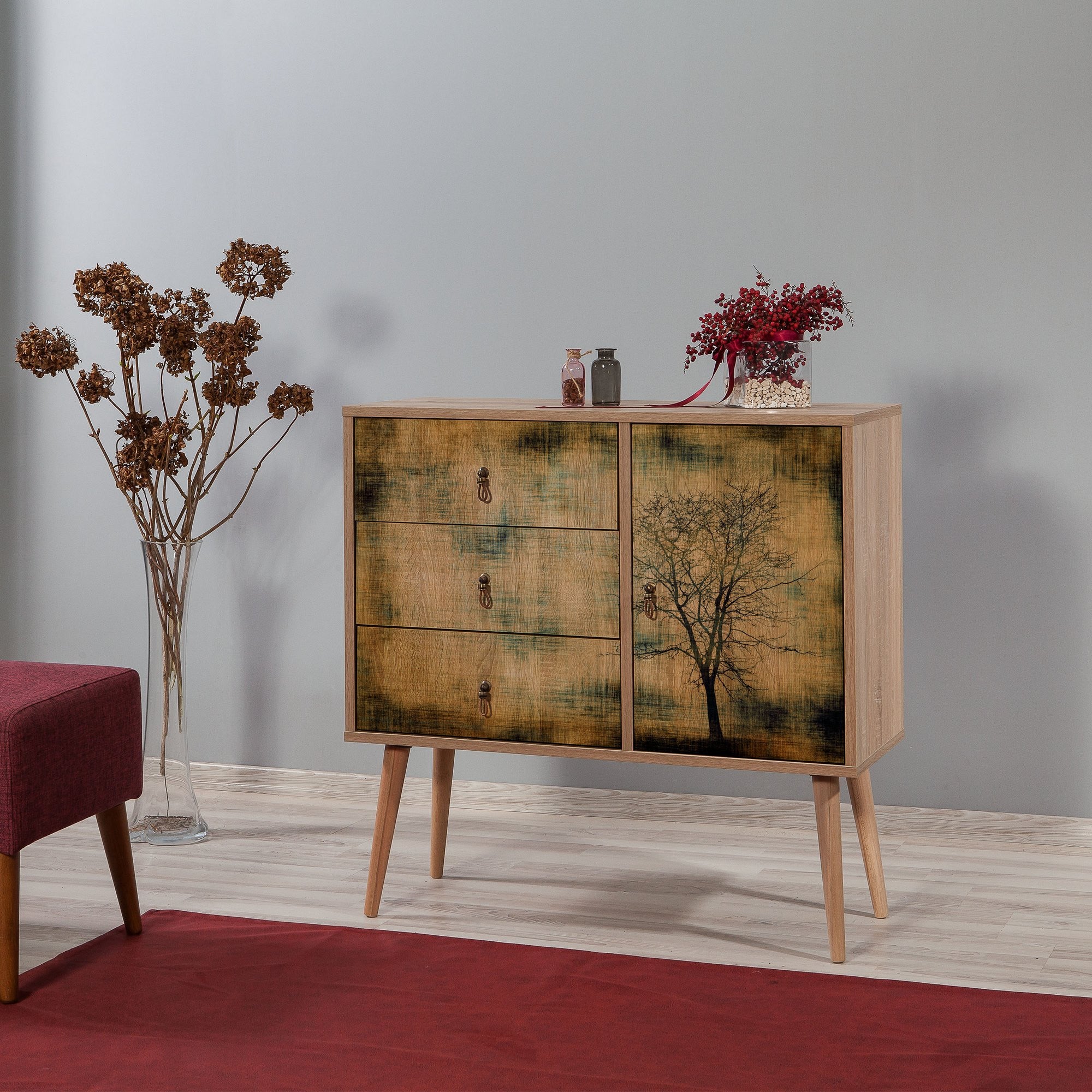 Mobile soggiorno con anta e 3 cassetti in legno decorato con albero – Colly  Shop