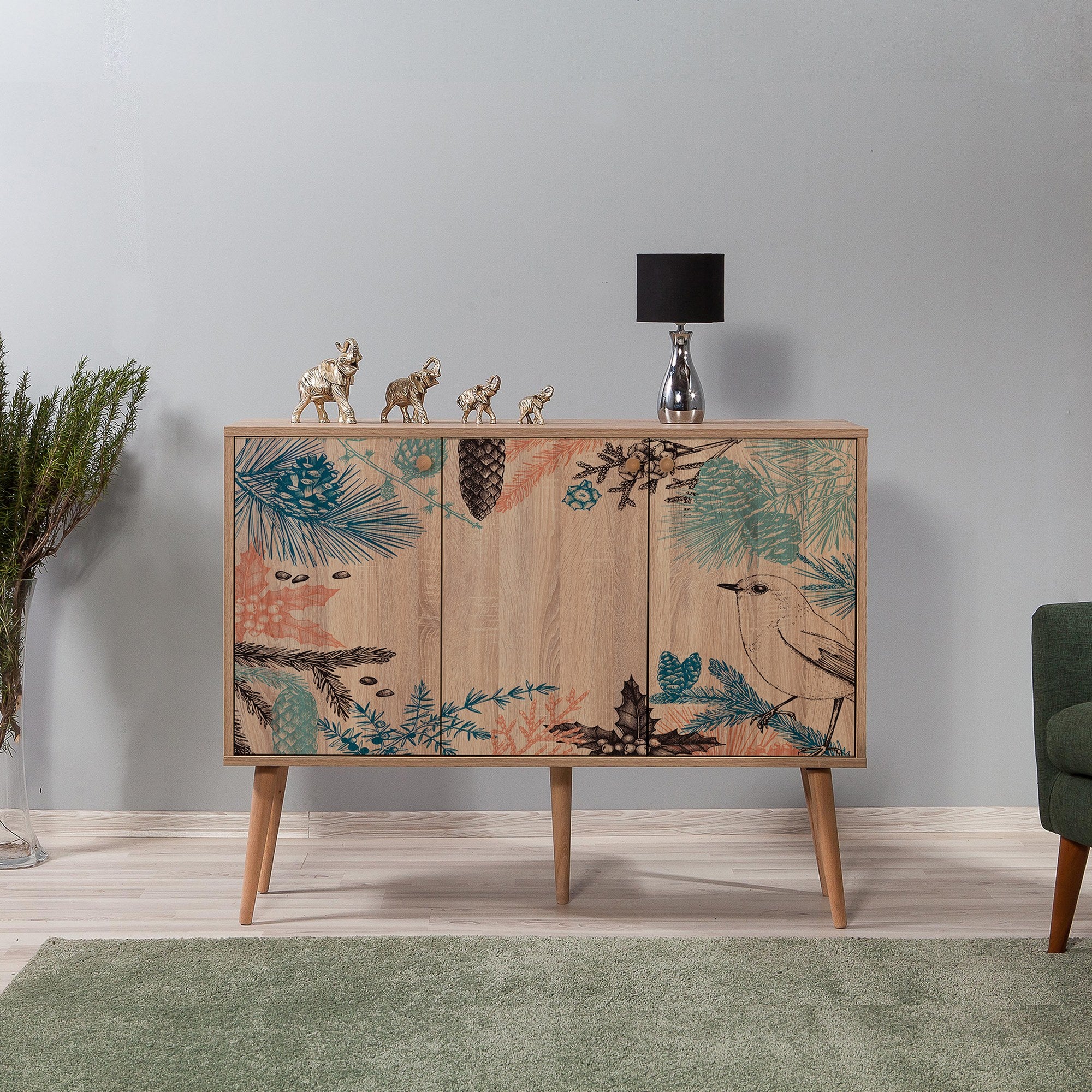 Mobile 3 ante soggiorno in legno quercia decorato con foglie – Colly Shop