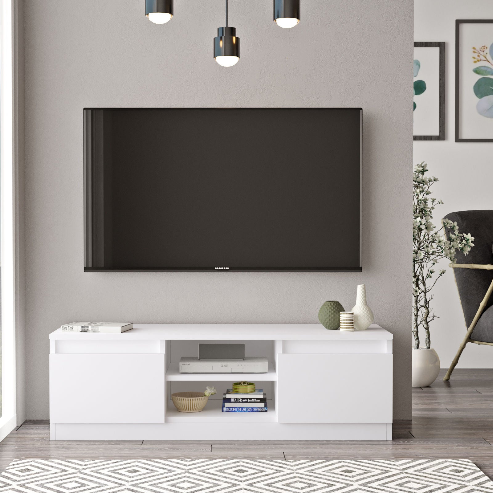 Mobiletto base tv con 2 ante a vani in legno bianco – Colly Shop