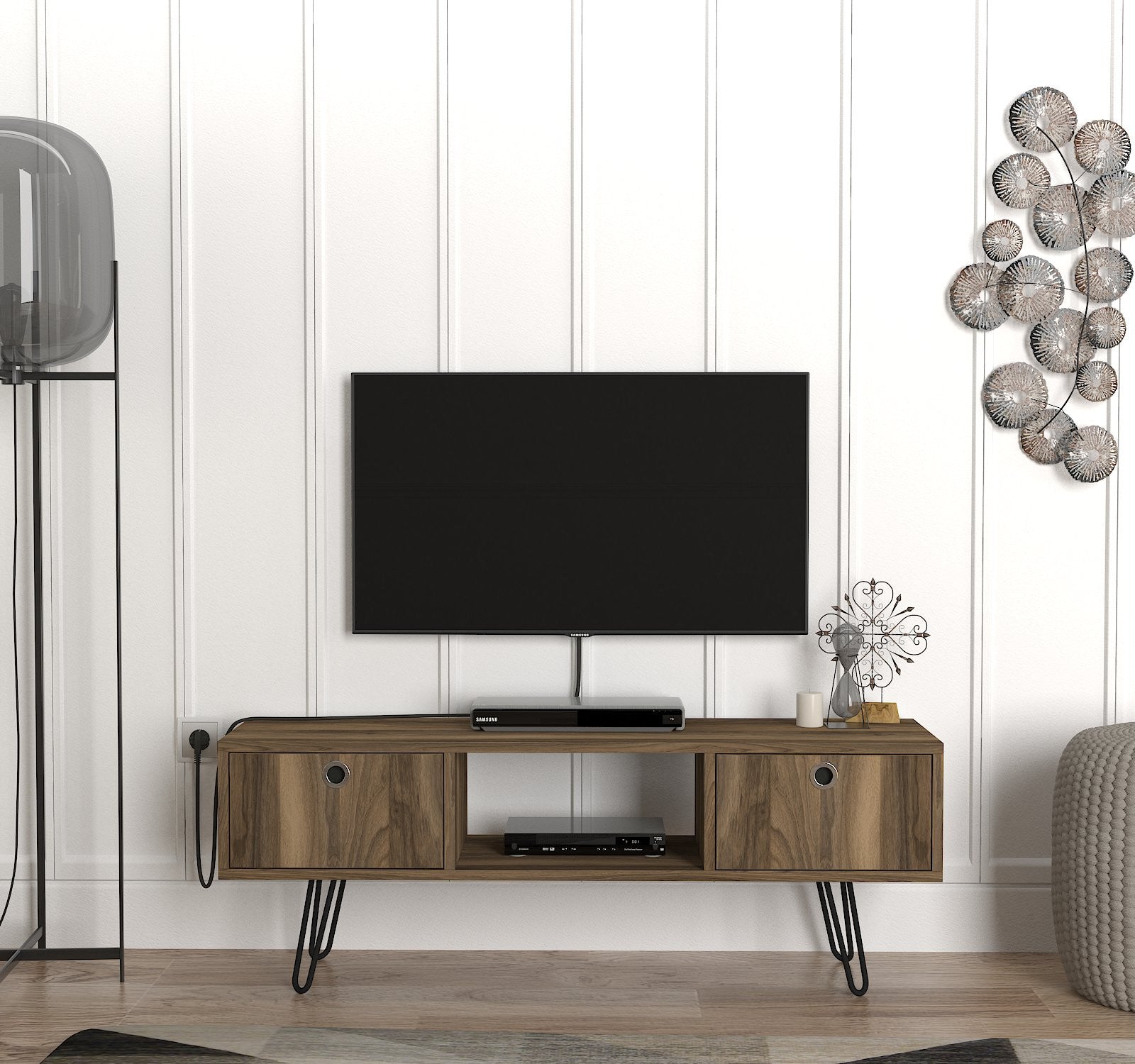 Porta tv piccolo moderno in legno colore noce gambe in metallo – Colly Shop