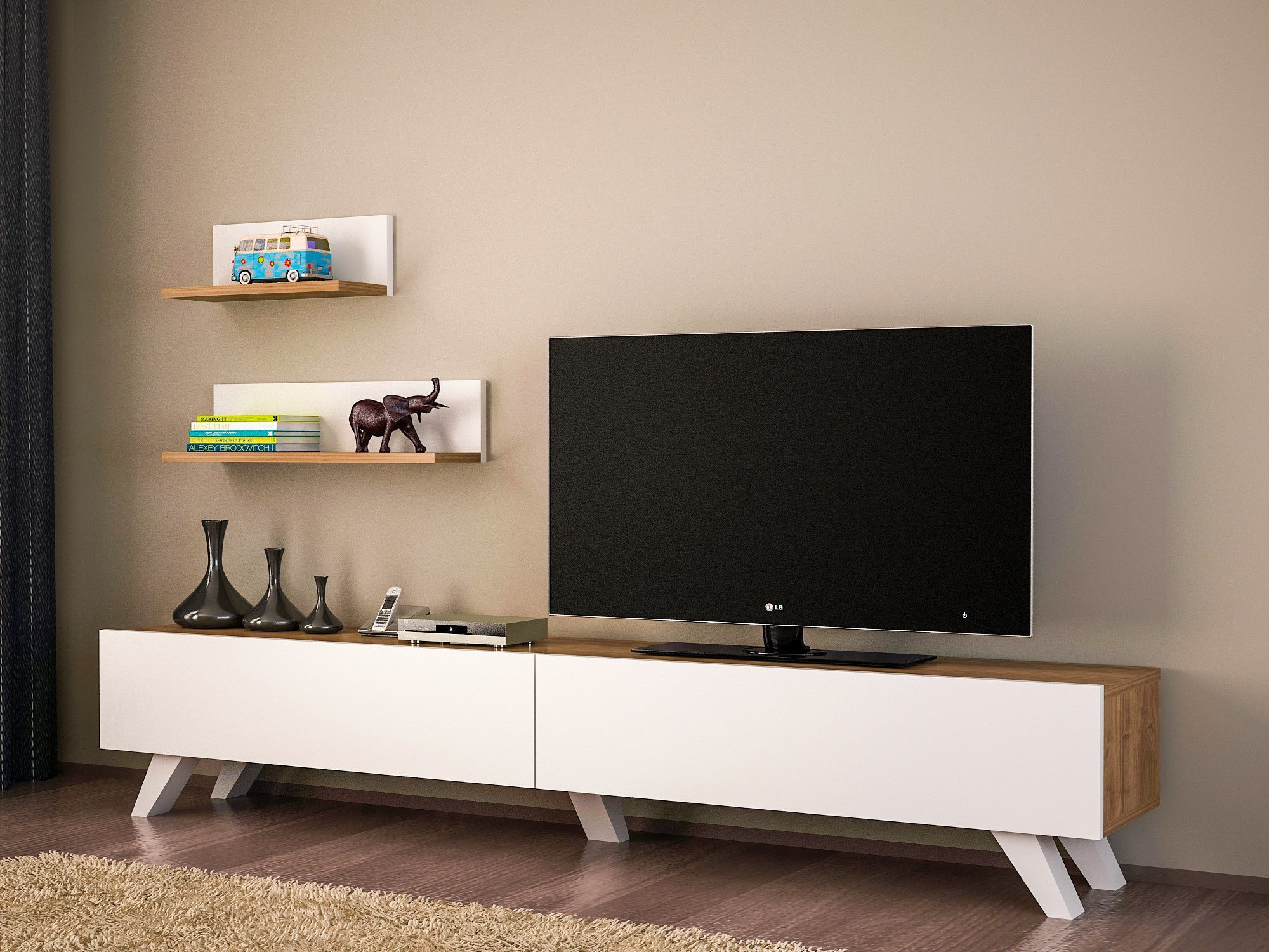 Parete attrezzata design in legno mobile tv a 2 ante e 2 mensole