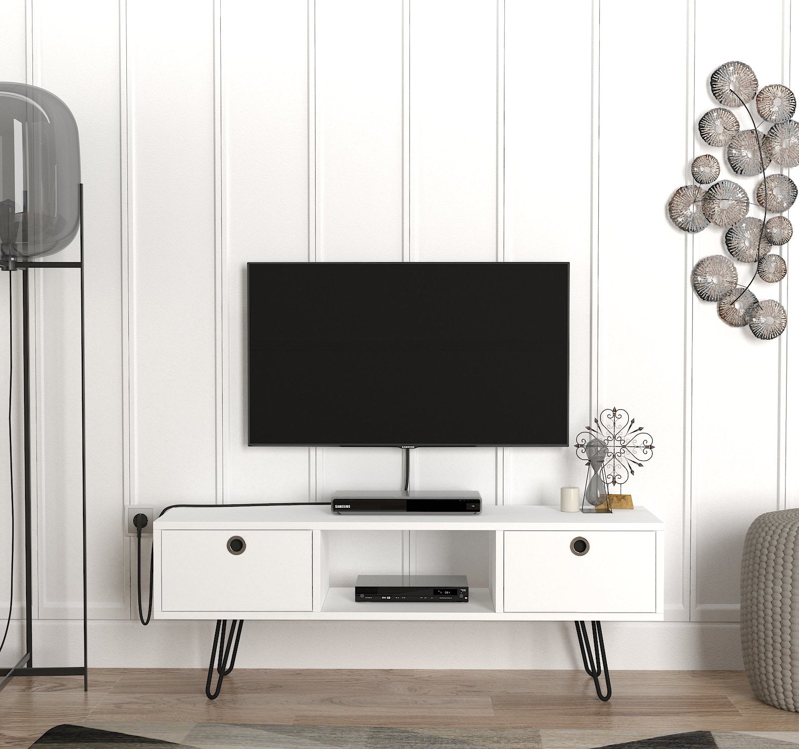 Mobile tv basso 2 ante e vano in legno bianco e metallo – Colly Shop