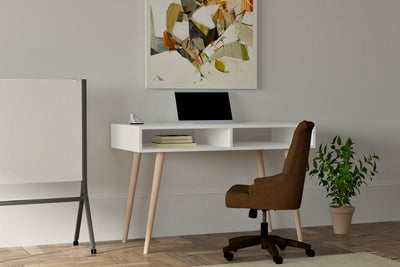 scrivania design moderno 2 vani a giorno colore bianco gambe colore naturale