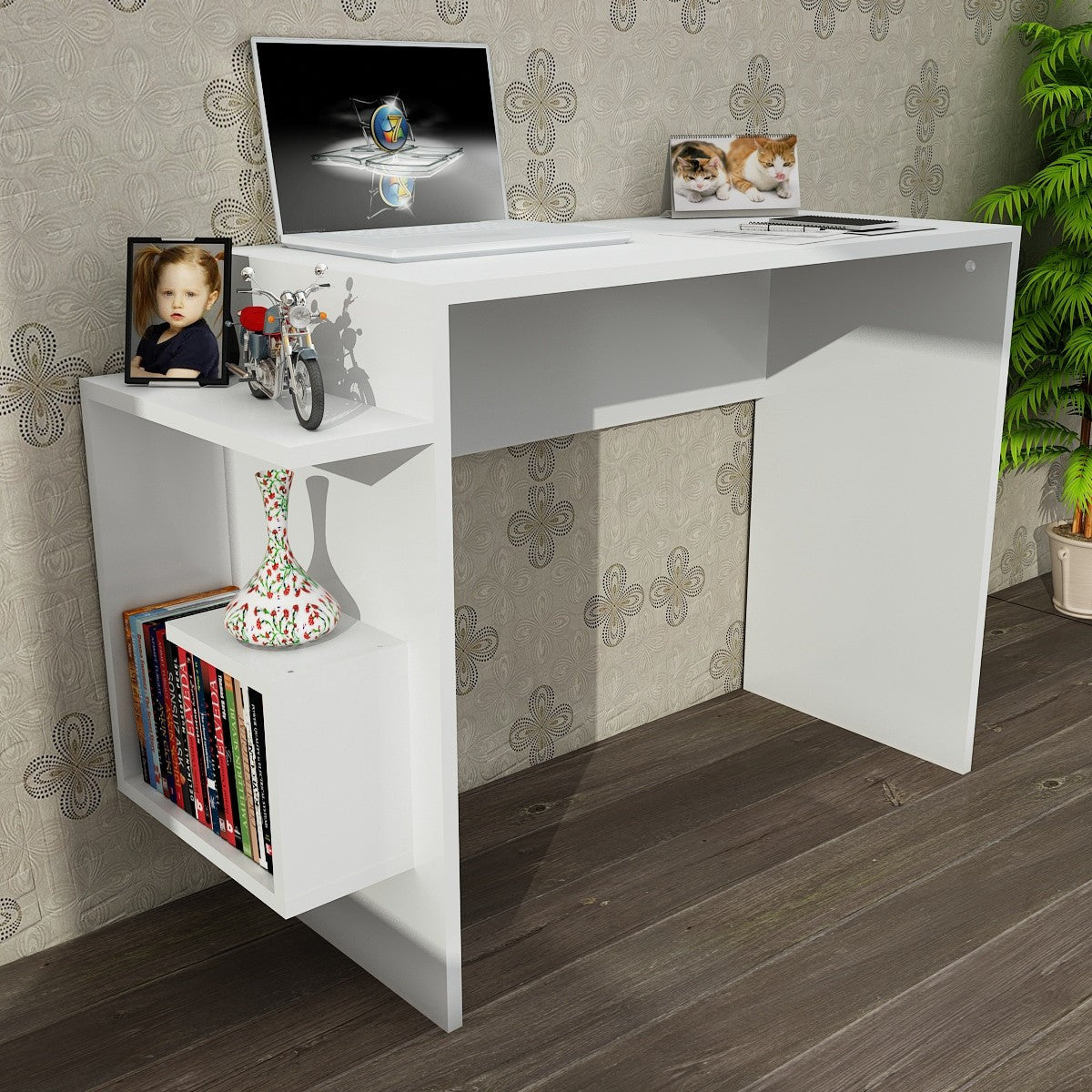 Scrivania moderna in legno bianco cm 104 con ripiani laterali – Colly Shop