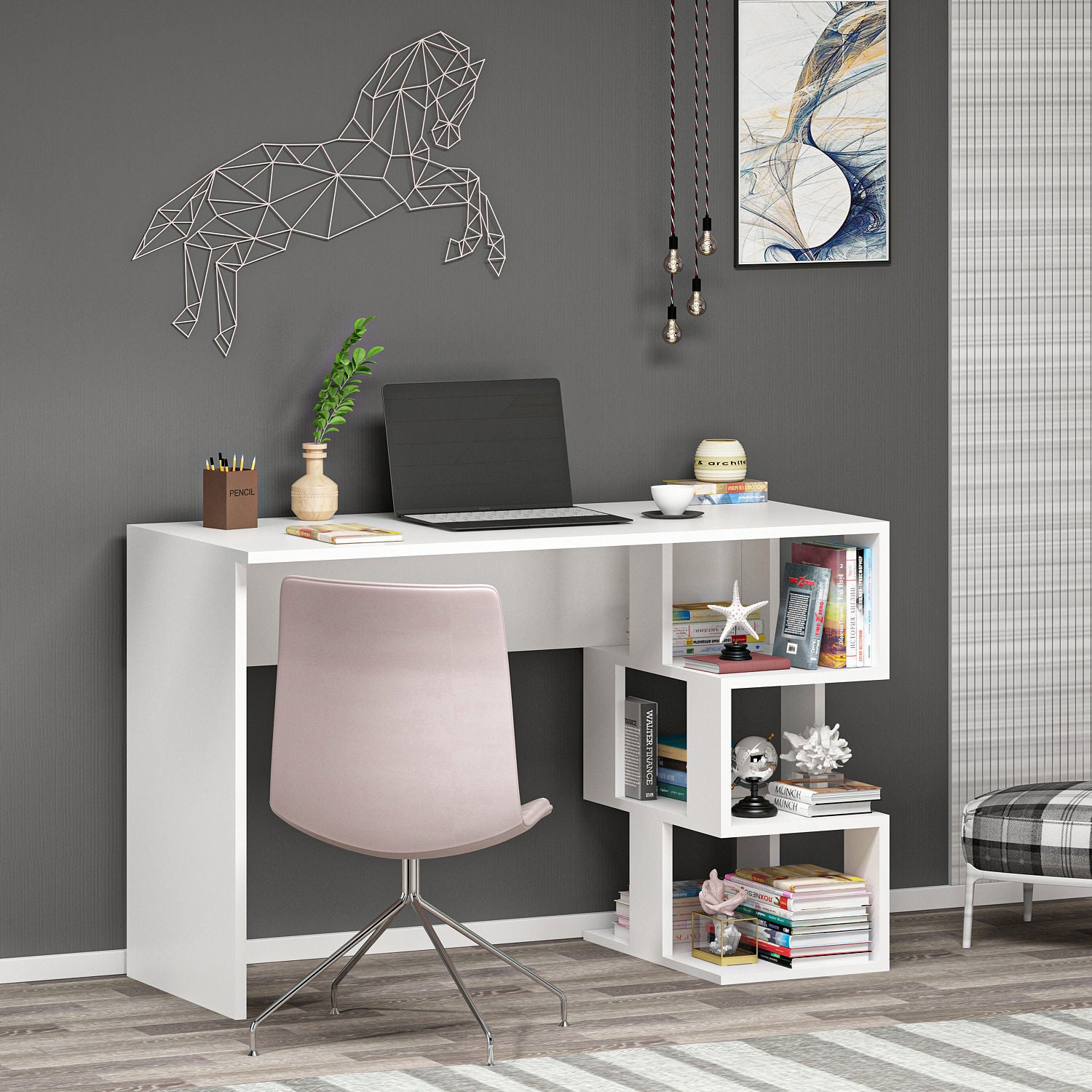 MoNiBloom Scrivania Per Computer 119 Cm - Con Borsa Portaoggetti Laterale - Struttura In Ferro A X - Piedini Regolabili - Piano MDF - Bianco - Per Piccoli Spazi - 2
