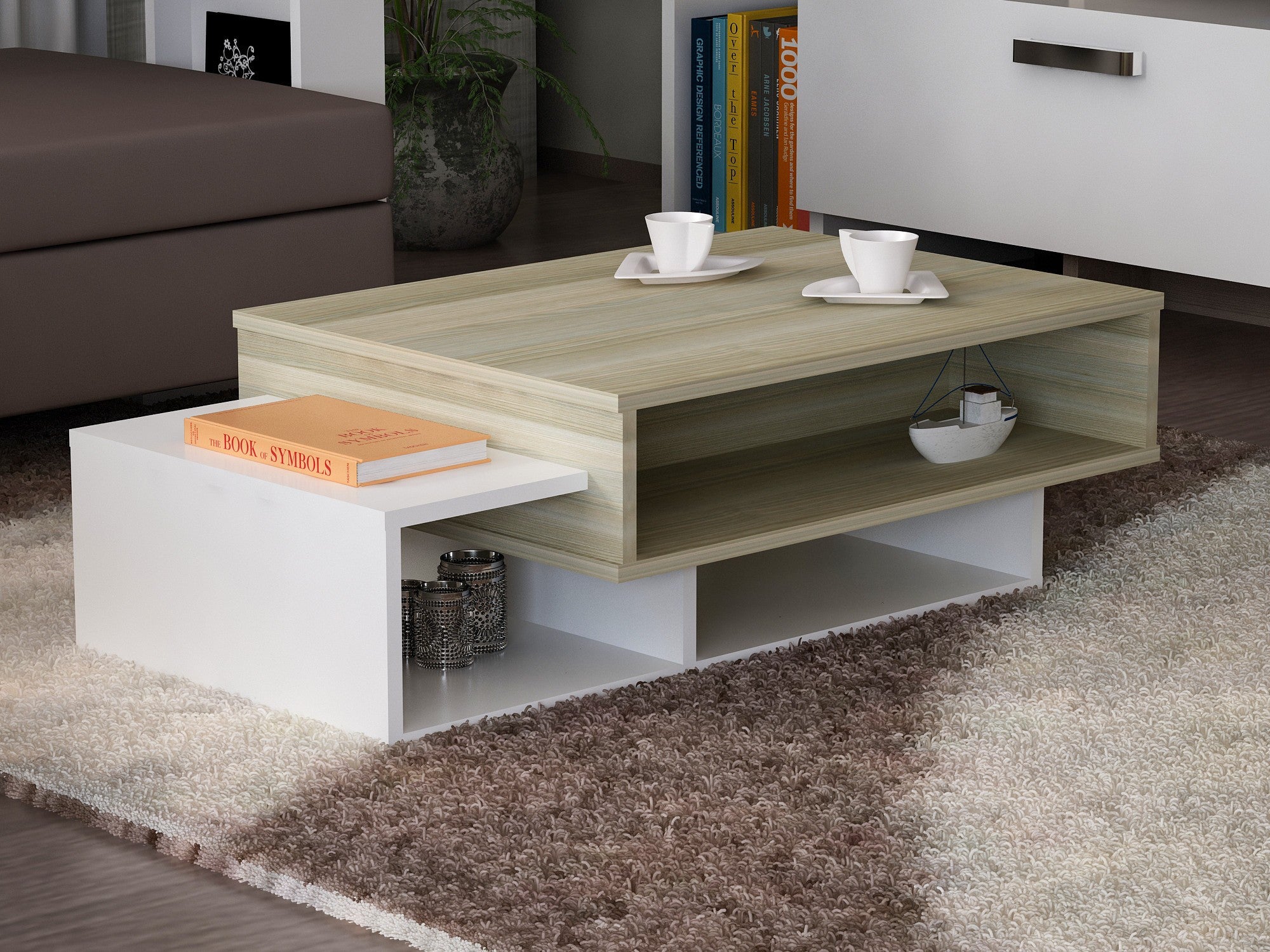 Tavolino basso design salotto con vani in legno bianco e rovere – Colly Shop