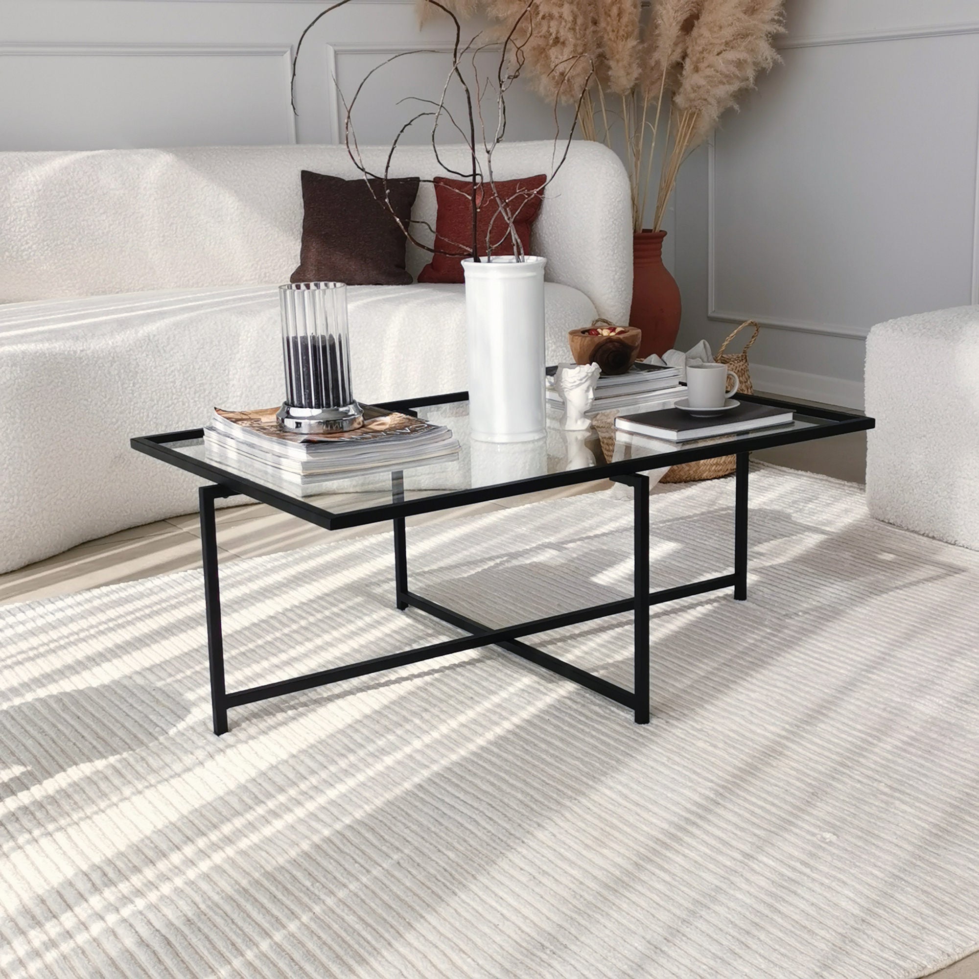 Tavolino Da Caffè Hallowood – Piano In Vetro Temperato E Base Acciaio – 100x50x40 Cm – Moderno