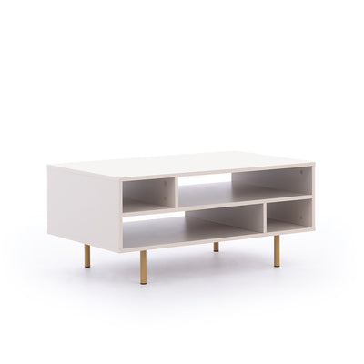 tavolino da salotto basso rettangolare in legno colore cashmere con 4 vani gambe in metallo dorato
