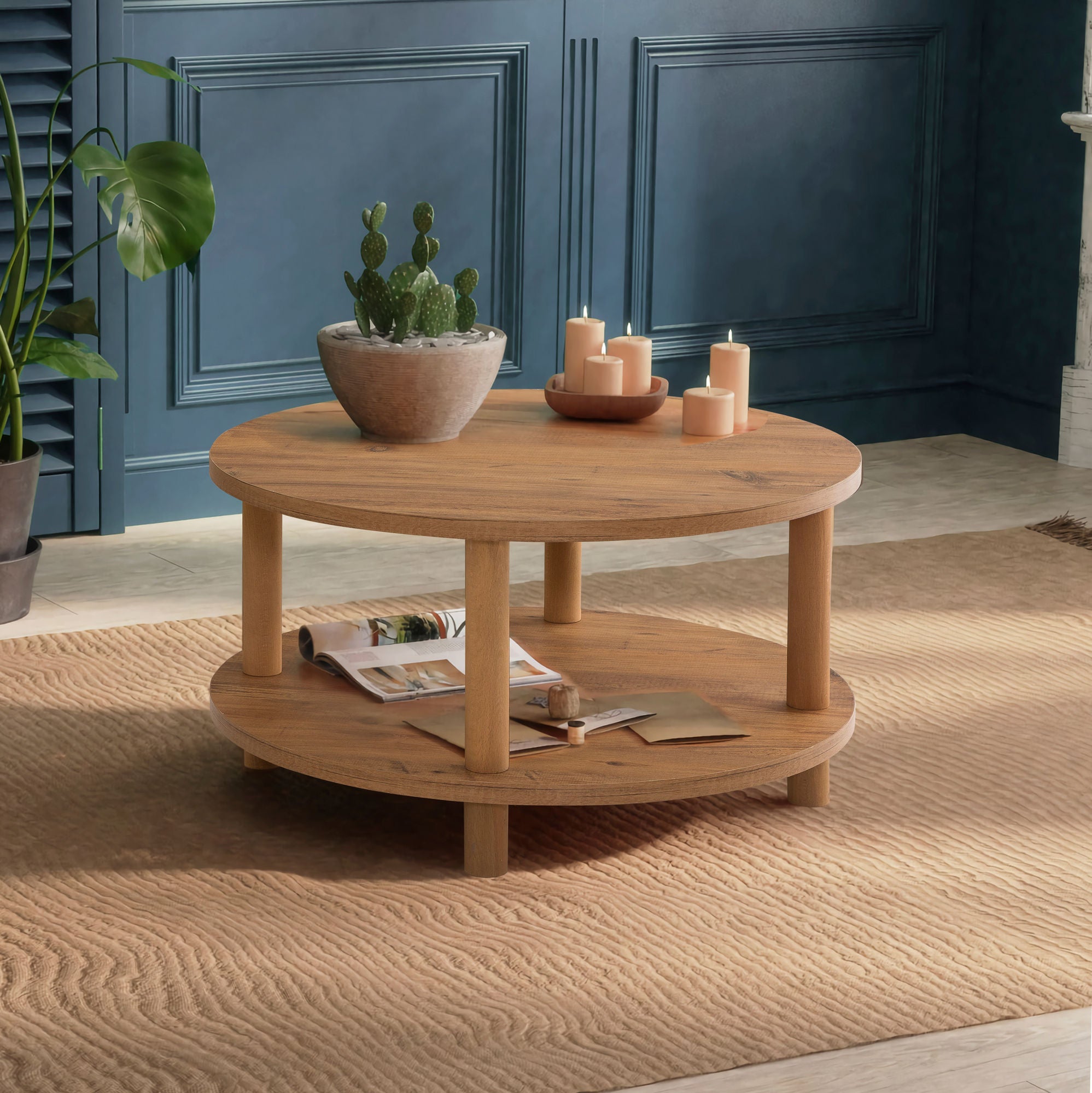 Tavolino Rotondo Moderno Scandinavo – Doppio Ripiano, Piano Bianco E Gambe In Legno Naturale, Per Soggiorno E Camera