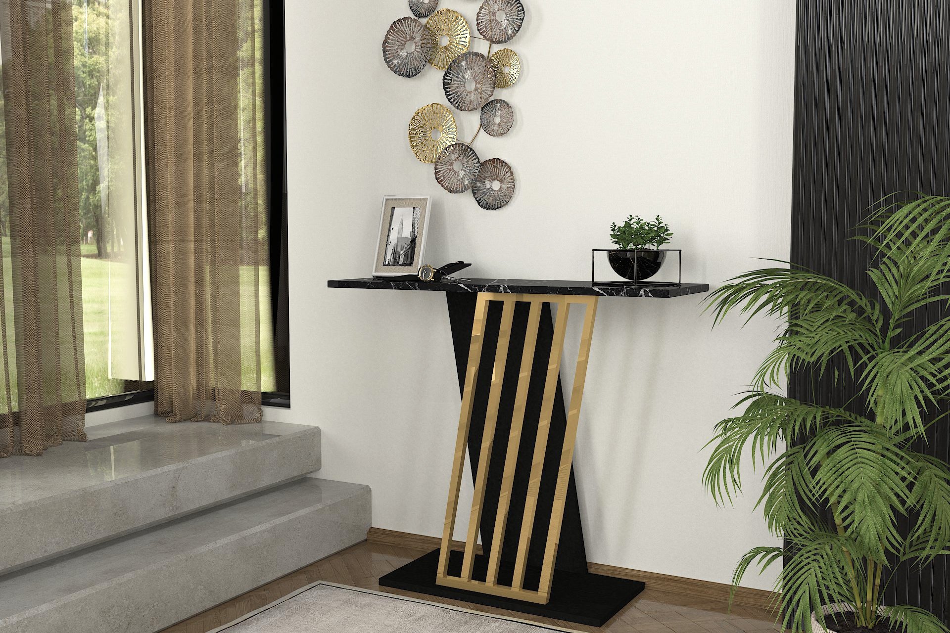 Consolle moderna in legno nero e oro effetto marmo nero lucido – Colly Shop