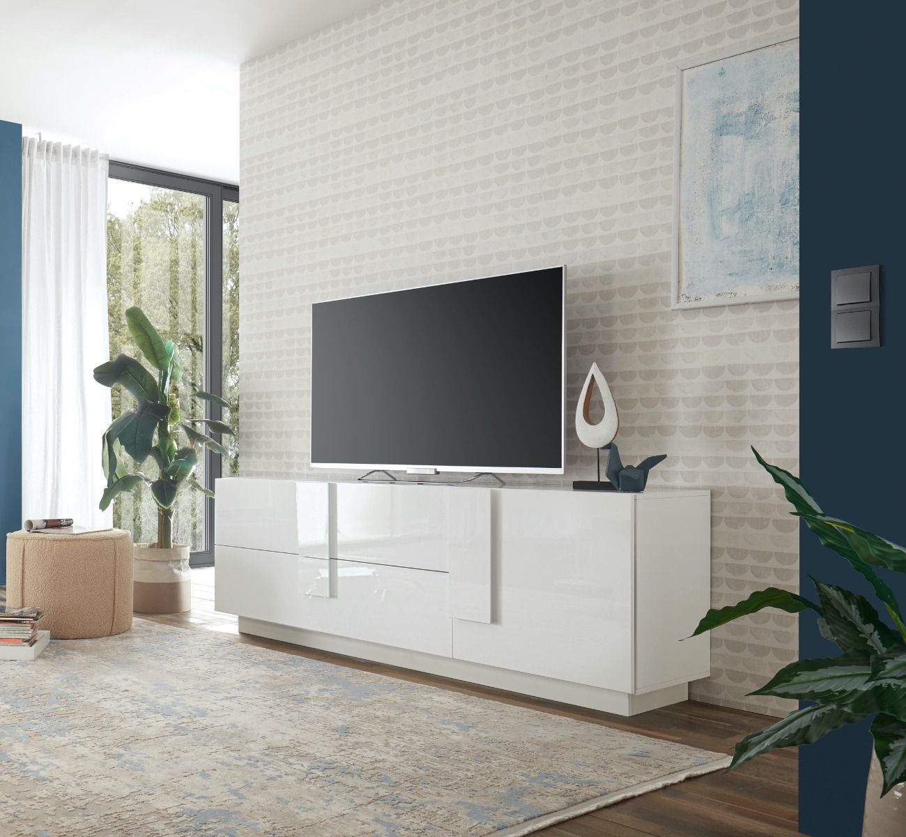 Porta tv alto moderno in legno bianco lucido con cassetti e anta – Colly  Shop