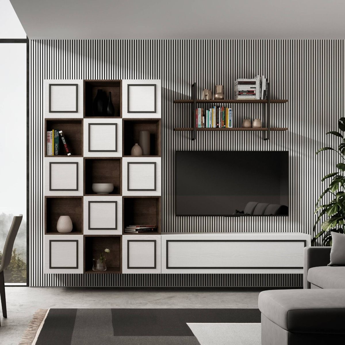 Parete moderna soggiorno con cubi e vani in legno – Colly Shop