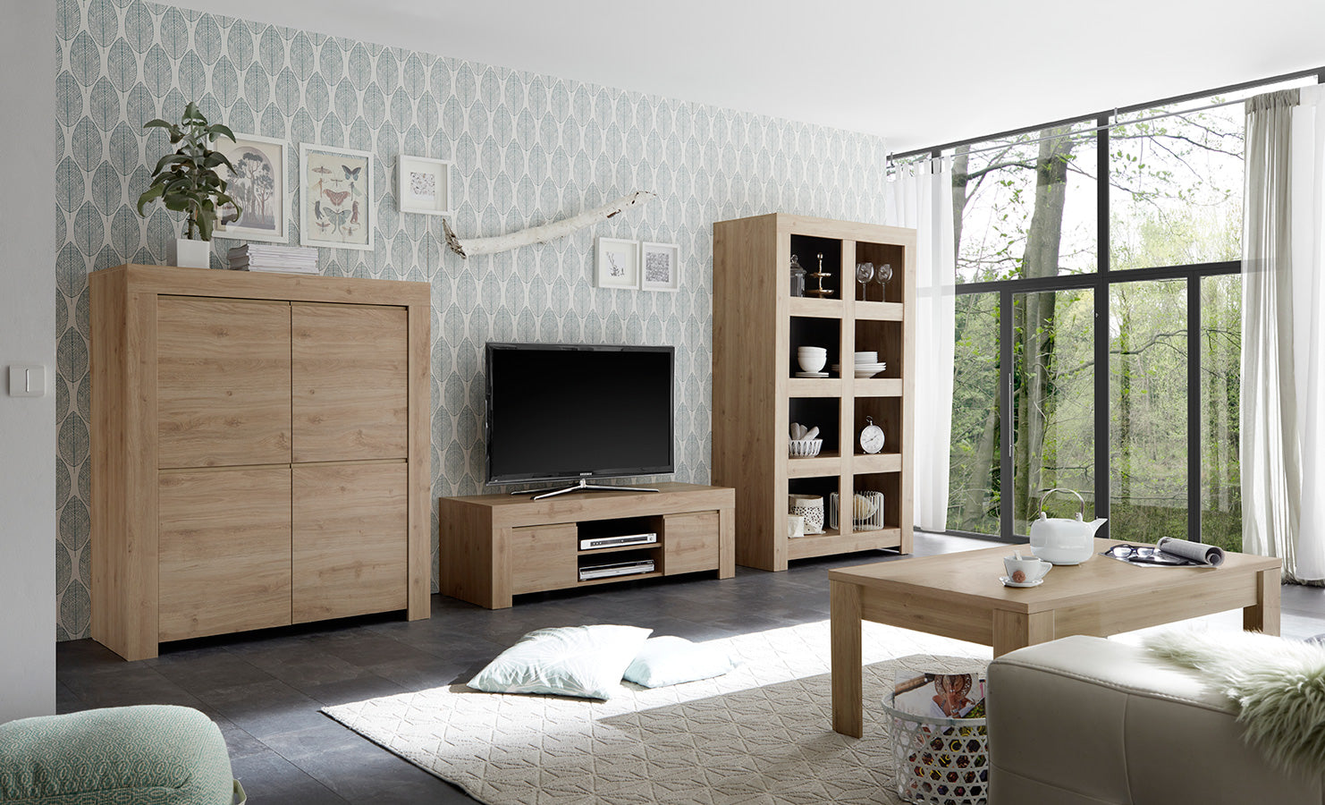 Soggiorno moderno living completo con porta tv 2 madie bianco e rovere –  Colly Shop