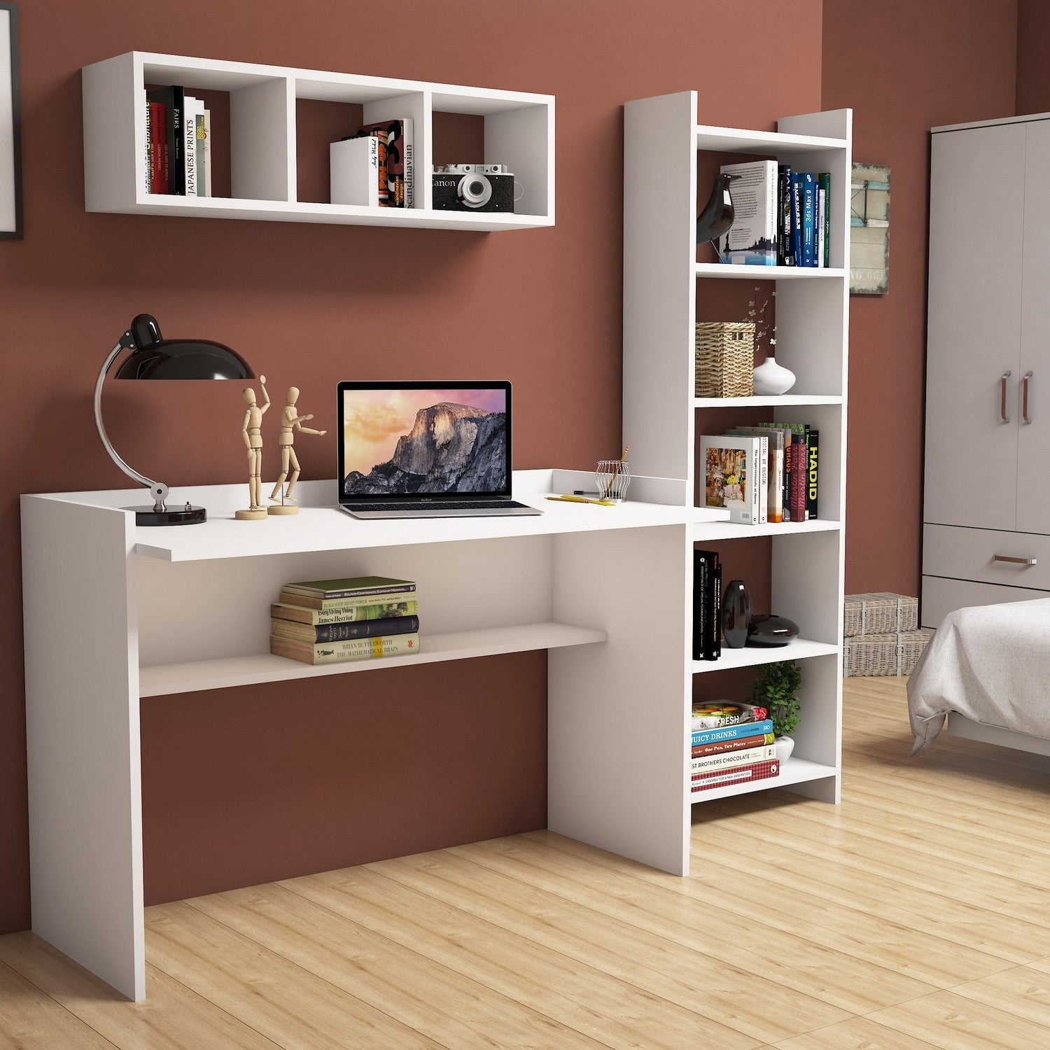 Scrivania moderna con libreria laterale in legno bianco e noce – Colly Shop