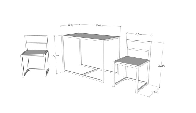Set 2 sedie e tavolo rettangolare fisso design industrial in legno con struttura in metallo