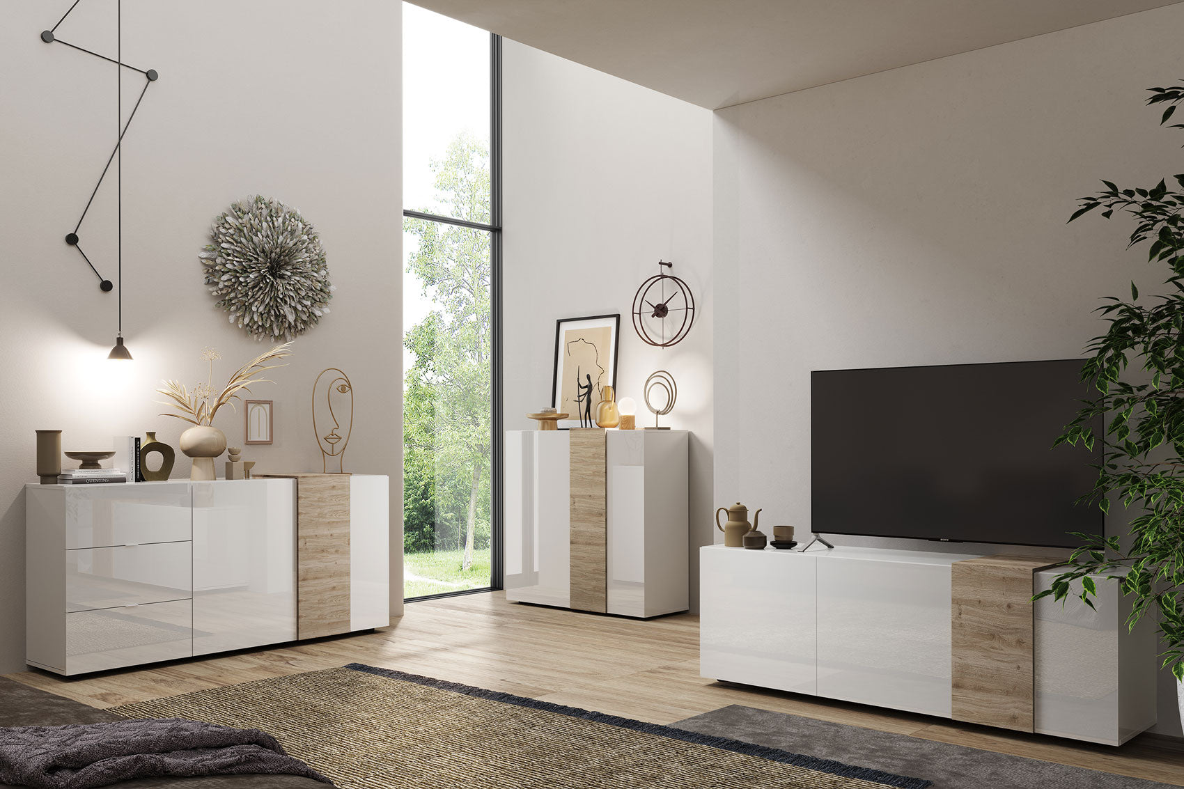 Soggiorno moderno living completo con porta tv 2 madie bianco e rovere –  Colly Shop