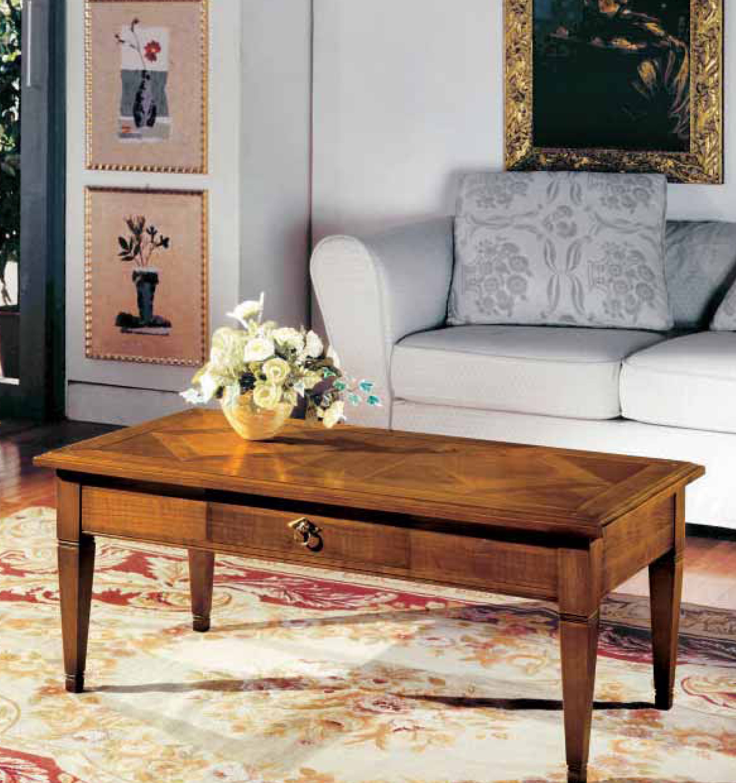 Tavolino basso da salotto in legno stile classico con cassetto cm