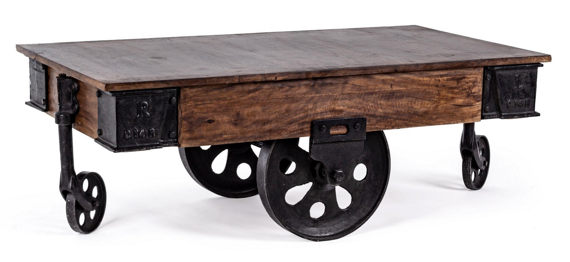 Tavolino da salotto in legno di mango con ruote stile industriale cm 1 –  Colly Shop