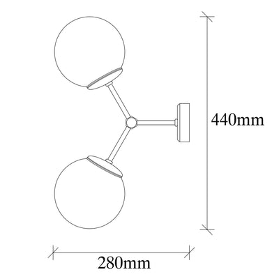 Applique moderna 2 bracci in metallo nero paralume a sfera in vetro cm 28x15x44h