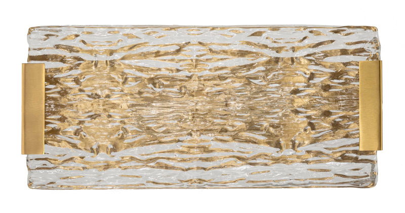 Applique moderno rettangolare in vetro martellato e metallo oro spazzolato cm 15x10x36h