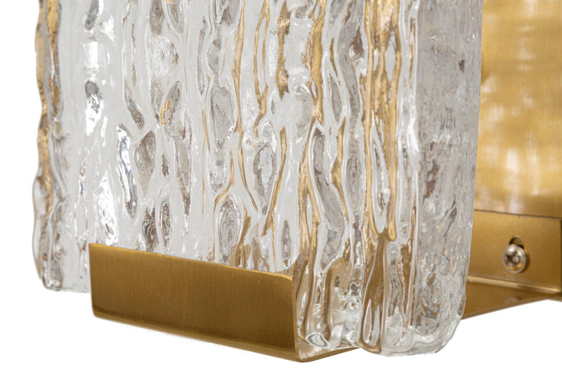 Applique moderno rettangolare in vetro martellato e metallo oro spazzolato cm 15x10x36h