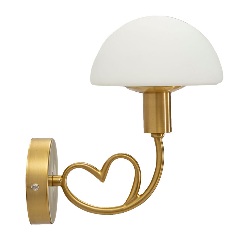 Lampada da parete in metallo oro spazzolato con cuore e cappello in vetro bianco cm 23x15x22h