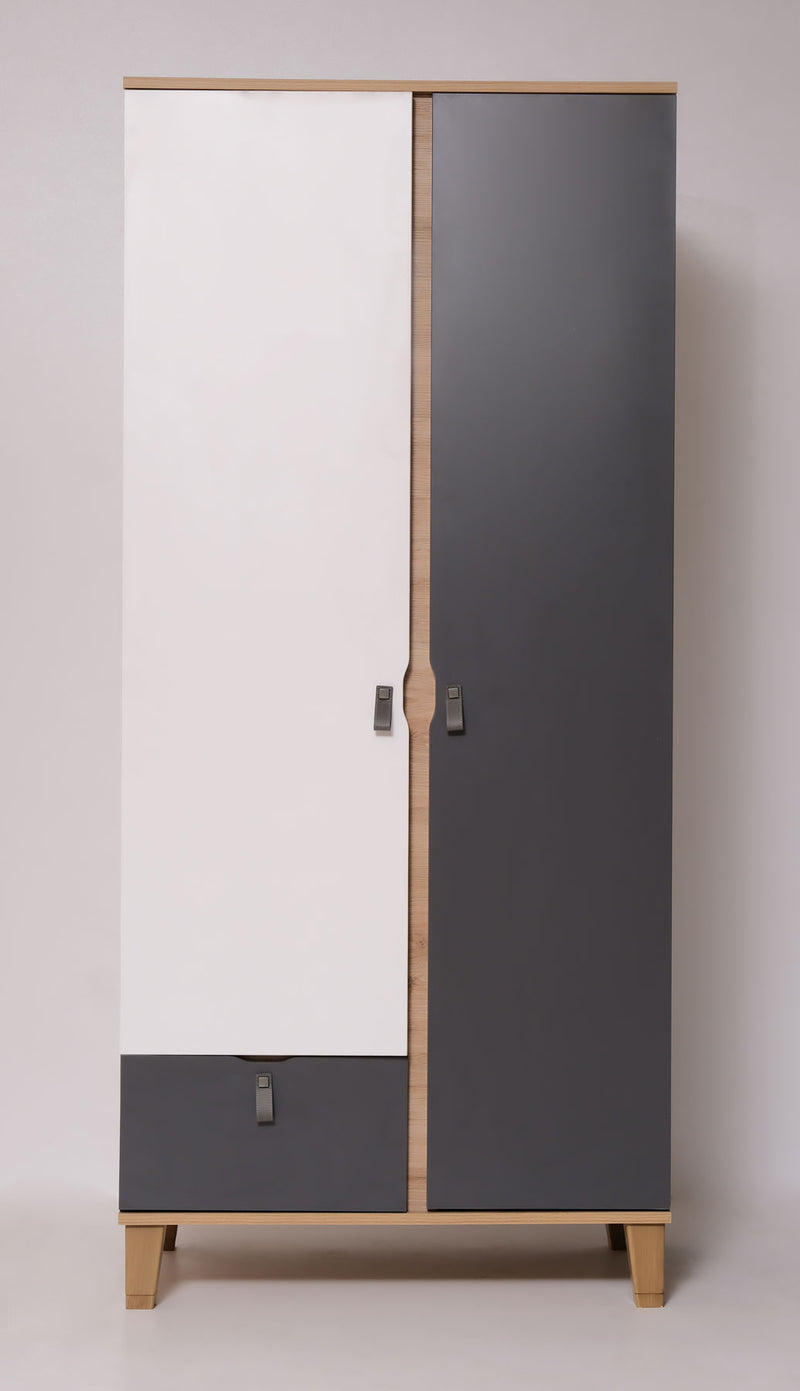 armadio 2 ante e cassetto per cameretta moderno in legno antracite bianco e rovere