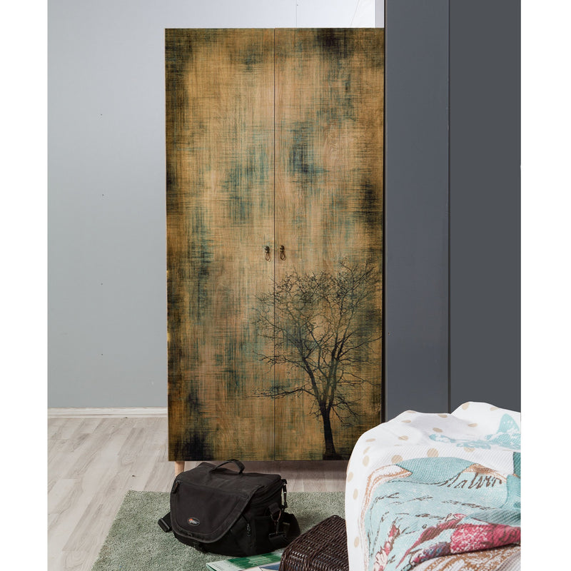 Armadio 2 ante da camera in legno colore quercia decorazione albero cm 90x52x192h