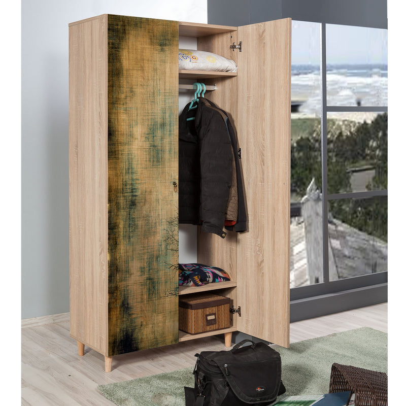 Armadio 2 ante da camera in legno colore quercia decorazione albero cm 90x52x192h