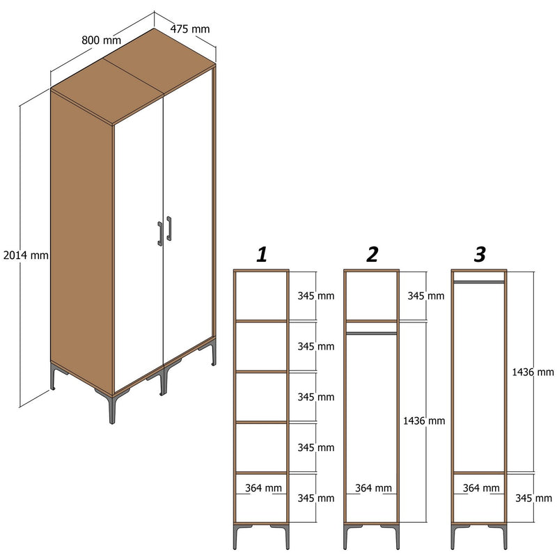 Armadio stile etnico noce e bianco con appendiabiti e vani cm 80x47x201h