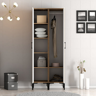 Armadio stile etnico noce e bianco con appendiabiti e vani cm 80x47x201h