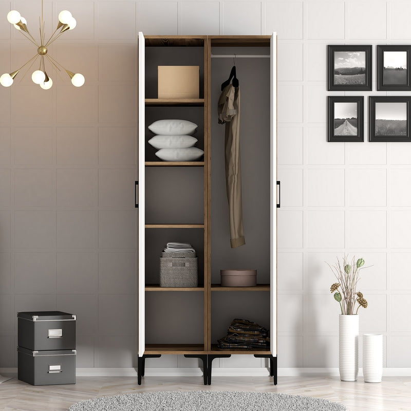 Armadio stile etnico noce e bianco con appendiabiti e vani cm 80x47x201h