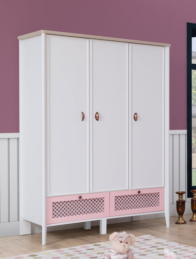 armadio cameretta con 3 ante e cassetti in legno bianco, rovere naturale e rosa