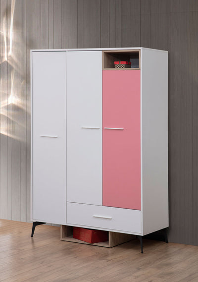 armadio 3 ante 1 cassetto e 2 vni a giorno design moderno in legno bianco e rosa cameretta bambina