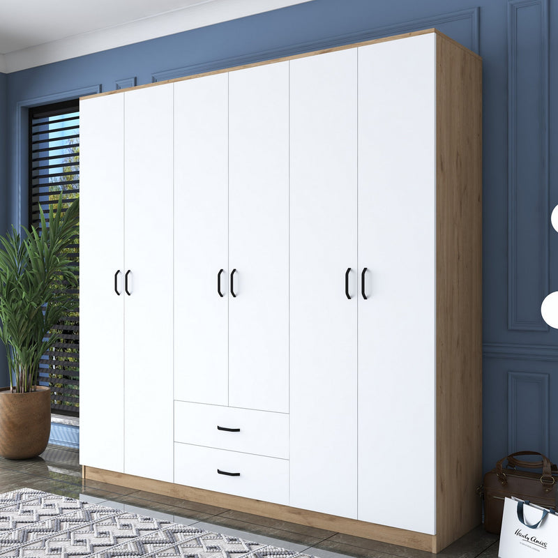 Armadio 6 ante e 2 cassetti in legno bianco e noce moderno da camera cm 210x51x210h