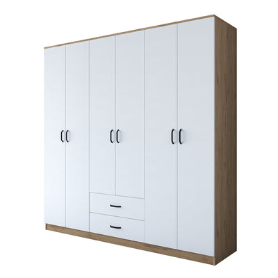 Armadio 6 ante e 2 cassetti in legno bianco e noce moderno da camera cm 210x51x210h