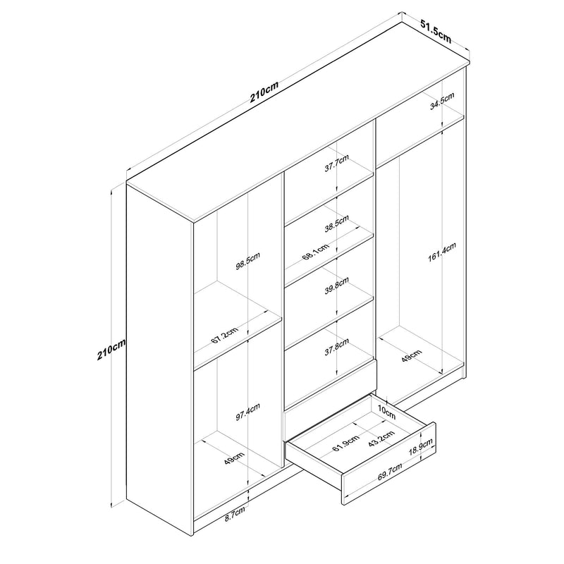 Armadio 6 ante e 2 cassetti in legno bianco e noce moderno da camera cm 210x51x210h
