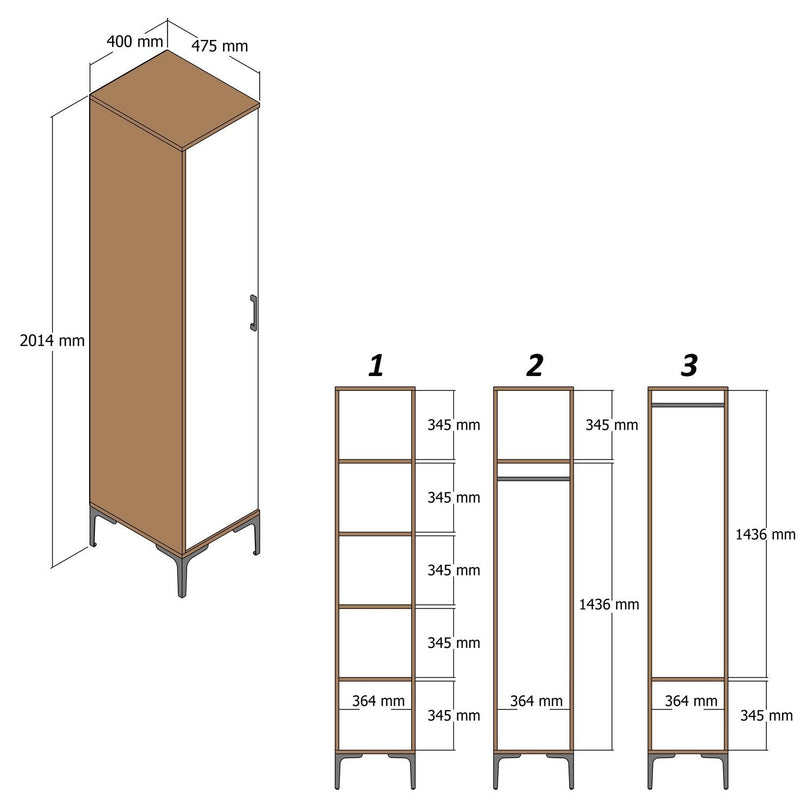 Mobile a colonna 1 anta con specchio in legno noce e bianco cm 40x47x201h