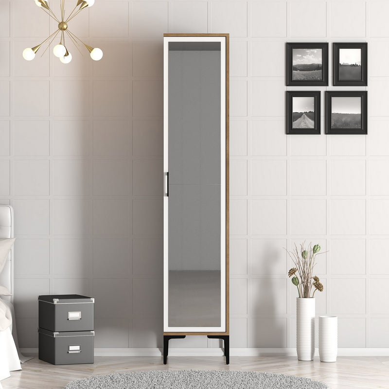 Mobile a colonna 1 anta con specchio in legno noce e bianco cm 40x47x201h